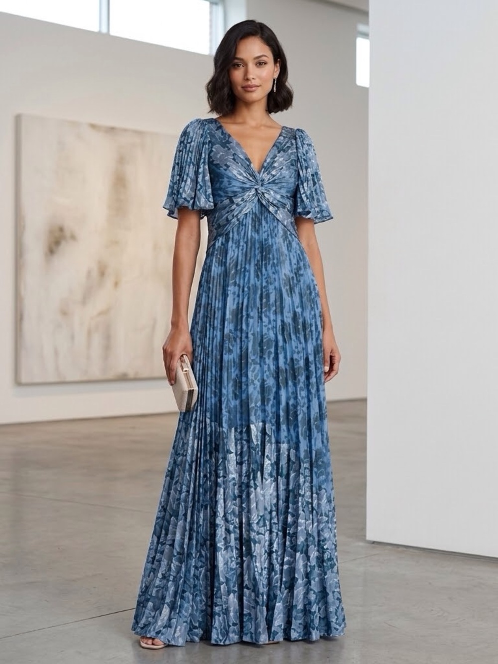 Theia Couture /Mabella Blue Floral Twist-Front Pleated Gown - Sz. 4 - NWT